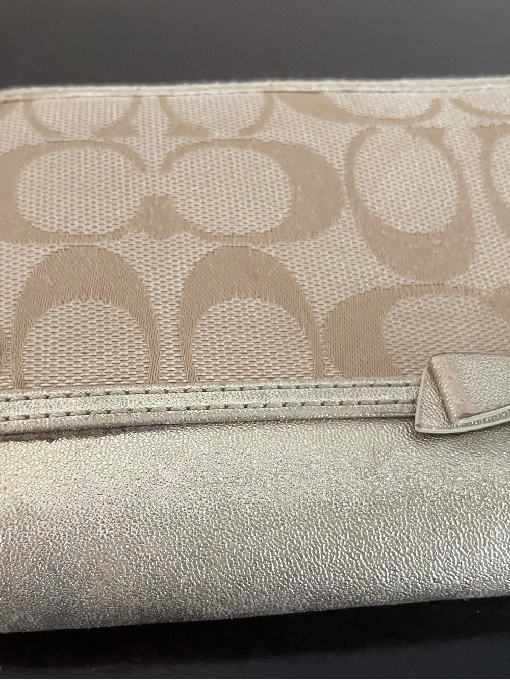 Coach Metallic Trim Signature Canvas Bow Wristlet in Beige